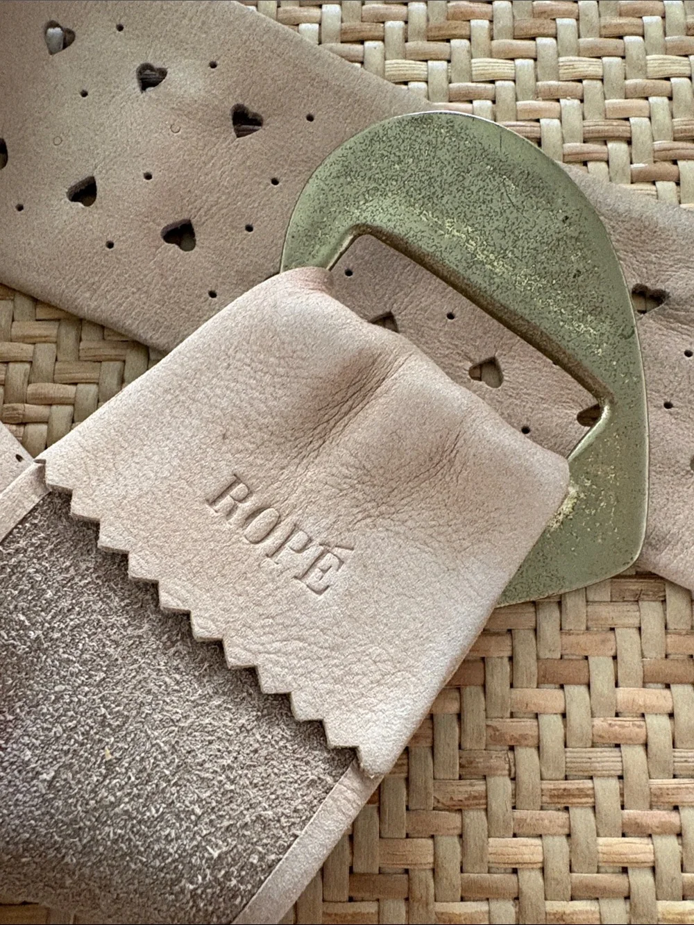 Taupe Heart-Perforated Suede Belt with Brass Buckle